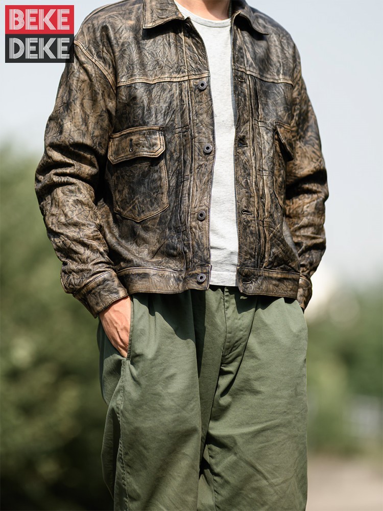 Vintage Wrinkled Real Sheepski - Leather Work Jacket Mens のレビューと価格