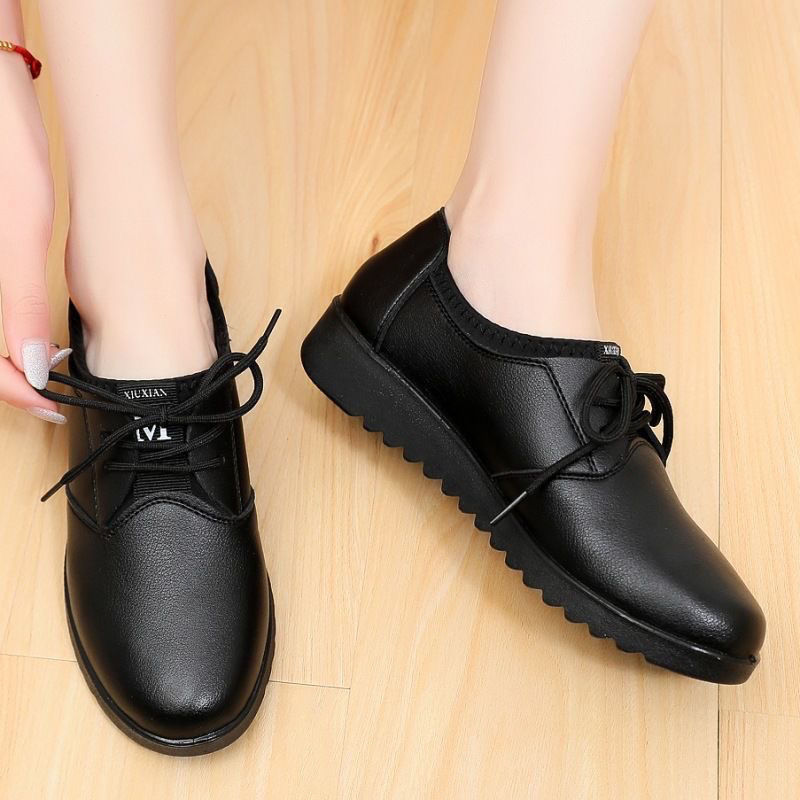 Solid Black Oxford Shoes Woman - Leather Work Flats Women のレビューと価格