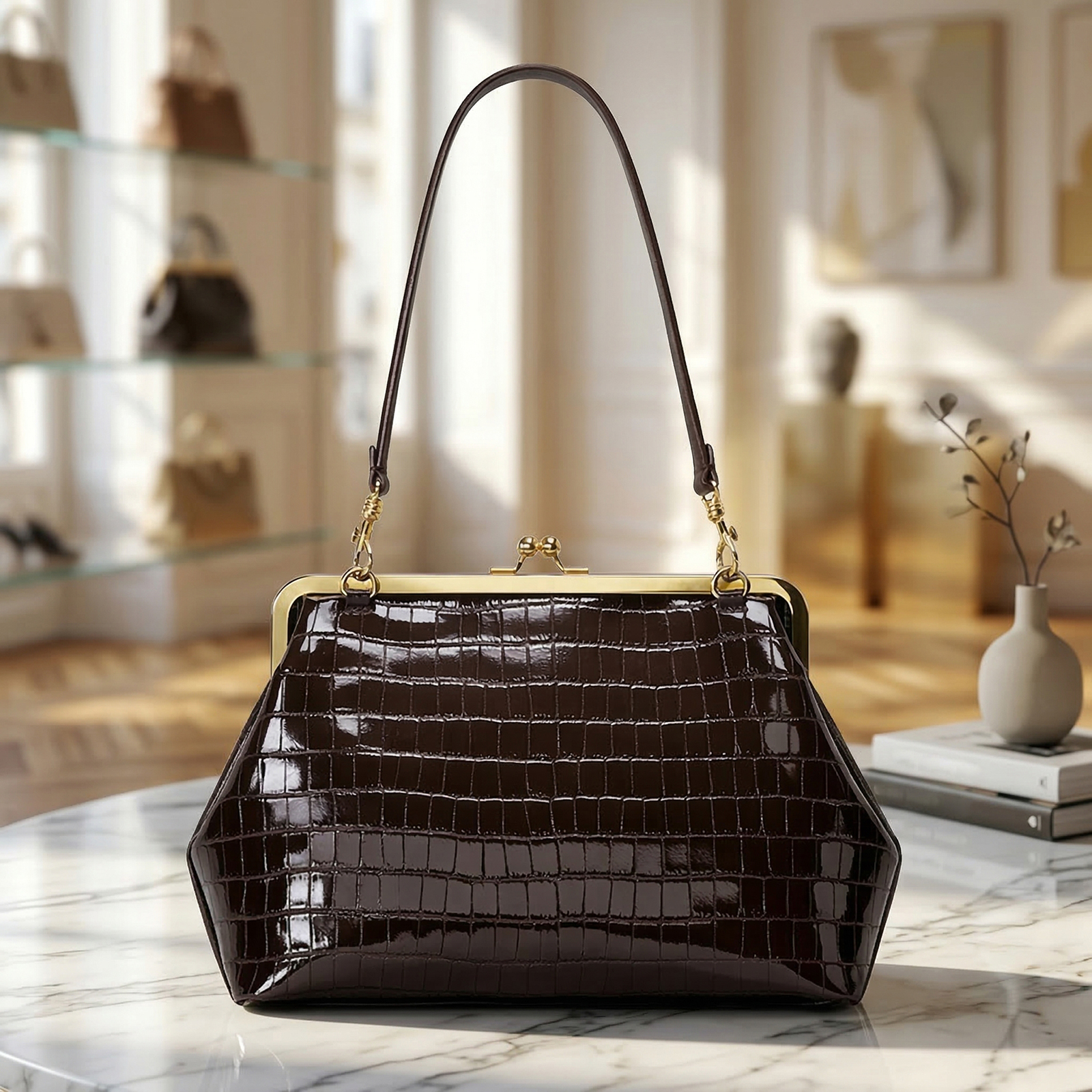 PU Leather Kiss Lock Bag Large - Leather Workshop のレビューと価格