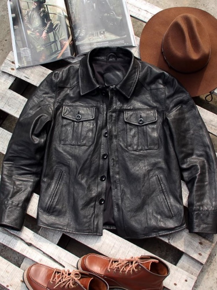 Punk Mens Genuine Leather Jack - Leather Work Jacket Mens のレビューと価格